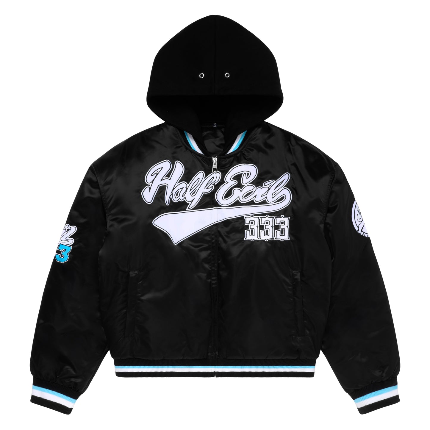SATIN HOODED BASEBALL JACKET