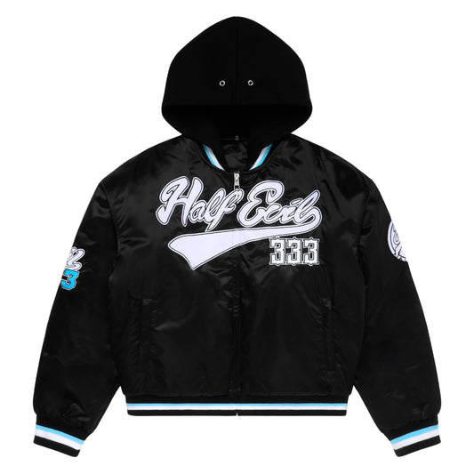SATIN HOODED BASEBALL JACKET